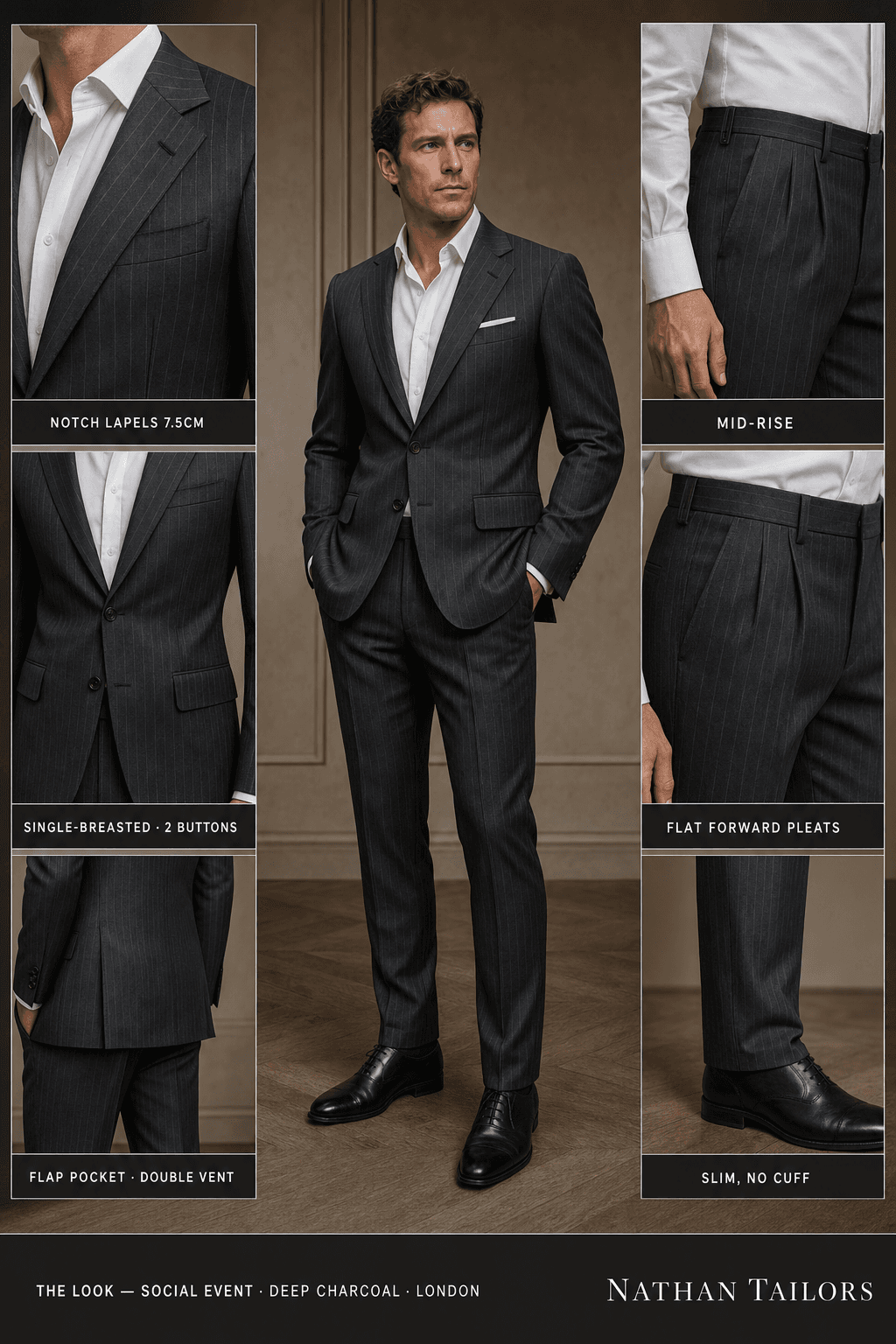 deep charcoal pinstripe single-breasted notch-lapel online custom suit — designed online at RemoteSuit. Made-to-measure online custom suit available from $129.
