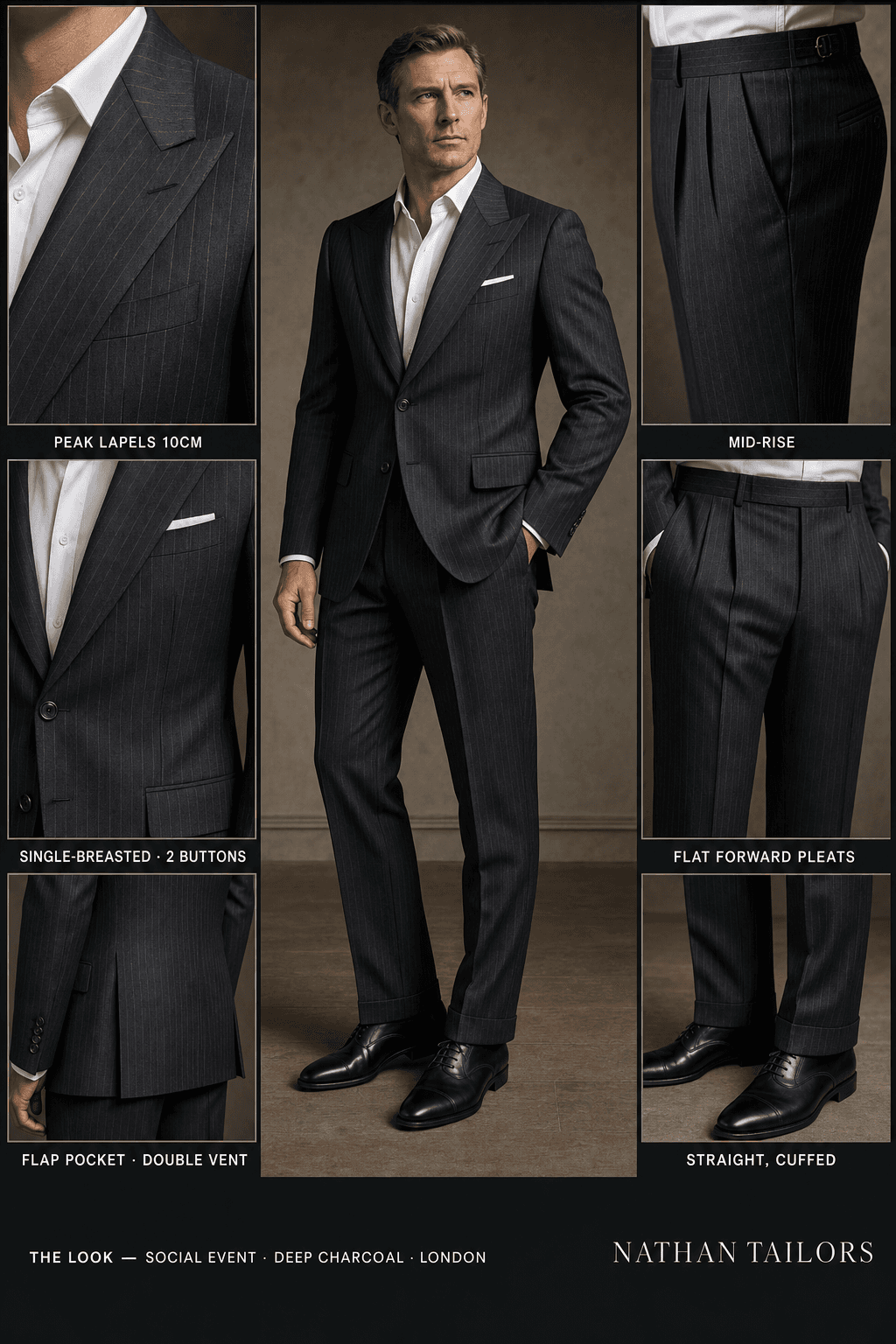 deep charcoal pinstripe single-breasted peak-lapel online custom suit — designed online at RemoteSuit. Made-to-measure online custom suit available from $129.
