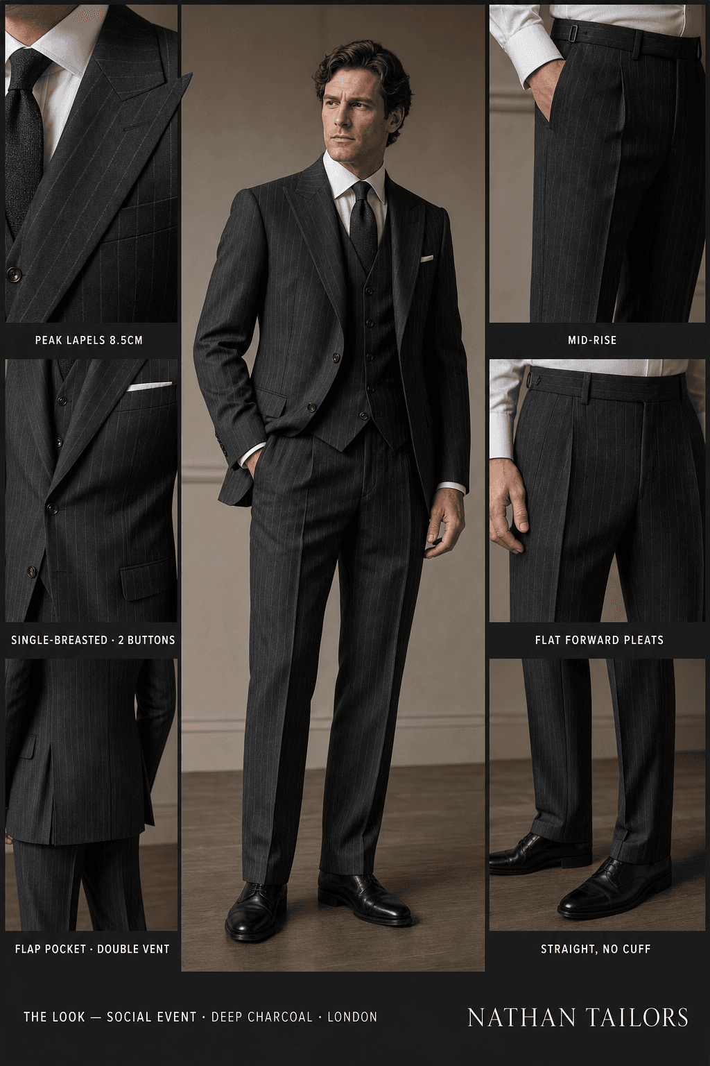 deep charcoal pinstripe single-breasted peak-lapel online custom suit — designed online at RemoteSuit. Made-to-measure online custom suit available from $129.