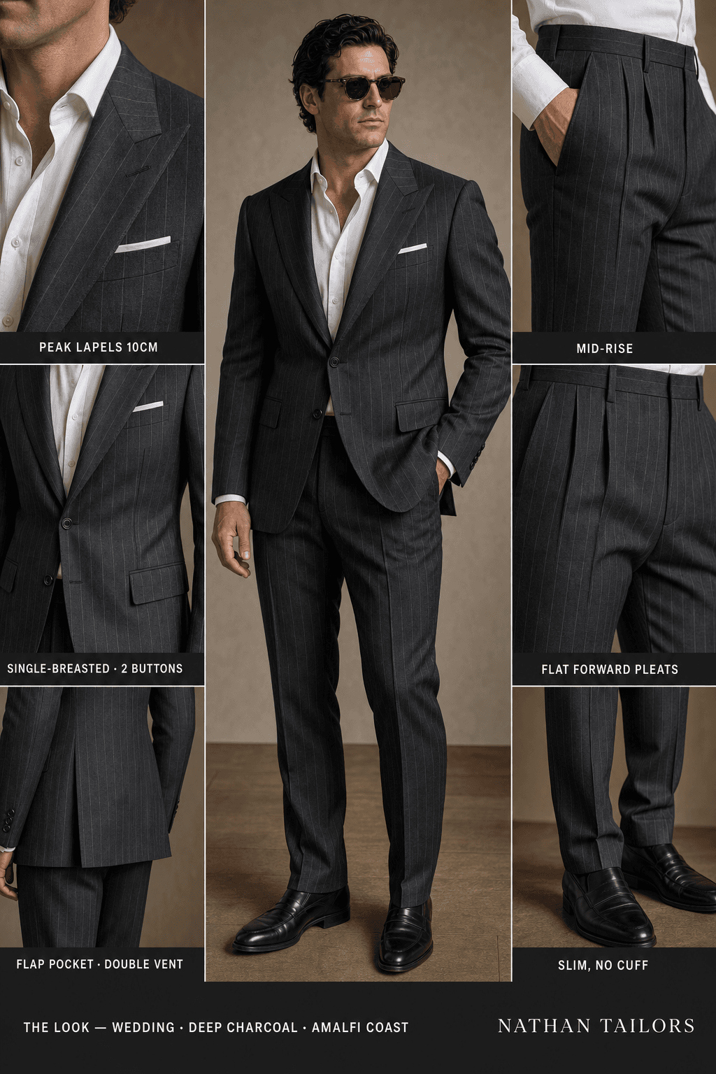 deep charcoal pinstripe single-breasted peak-lapel online custom suit — designed online at RemoteSuit. Made-to-measure online custom suit available from $129.