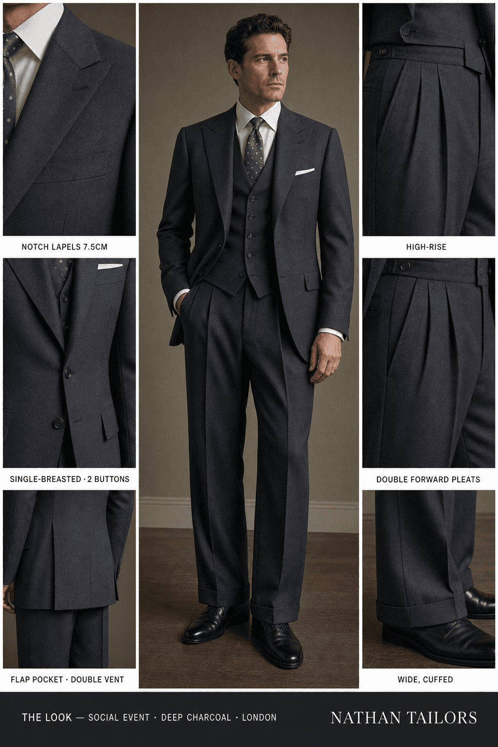 deep charcoal single-breasted notch-lapel online custom suit — designed online at RemoteSuit. Made-to-measure online custom suit available from $129.