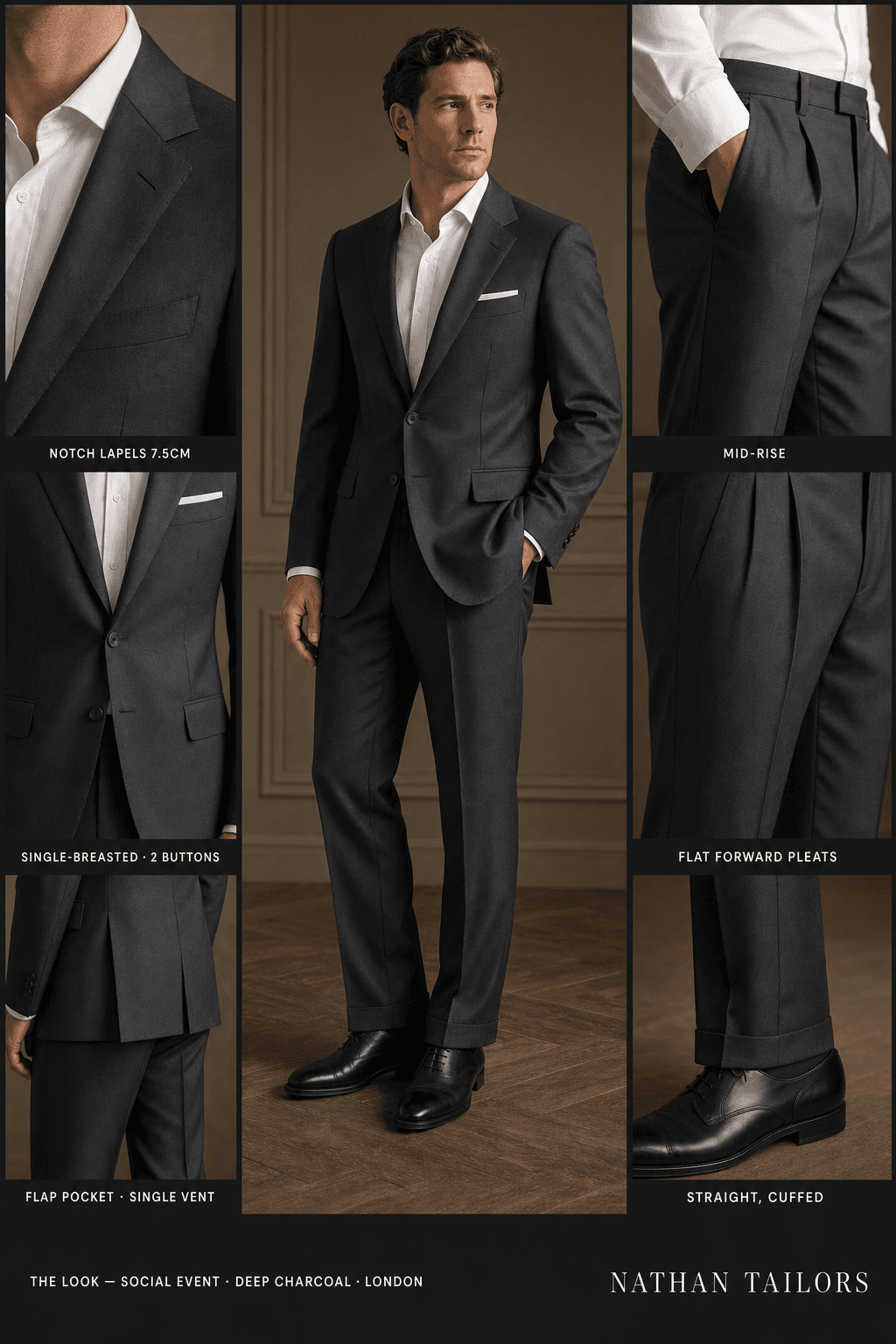 deep charcoal single-breasted notch-lapel online custom suit — designed online at RemoteSuit. Made-to-measure online custom suit available from $129.