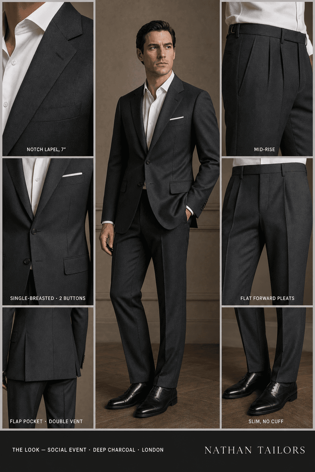 deep charcoal single-breasted notch-lapel online custom suit — designed online at RemoteSuit. Made-to-measure online custom suit available from $129.