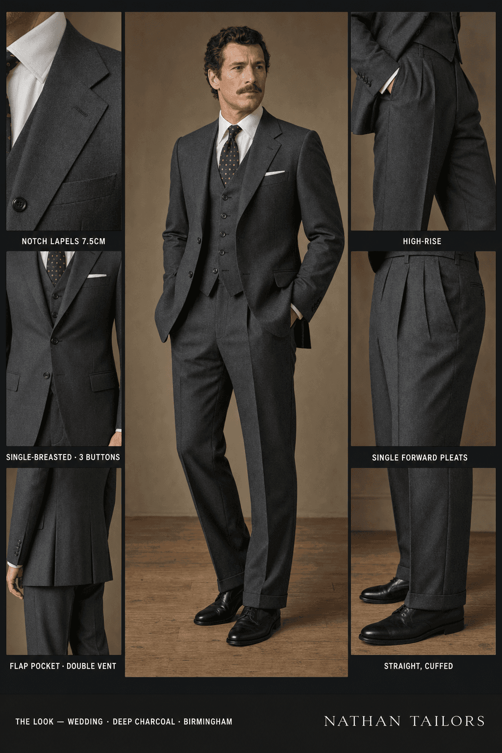 deep charcoal single-breasted notch-lapel online custom suit — designed online at RemoteSuit. Made-to-measure online custom suit available from $129.
