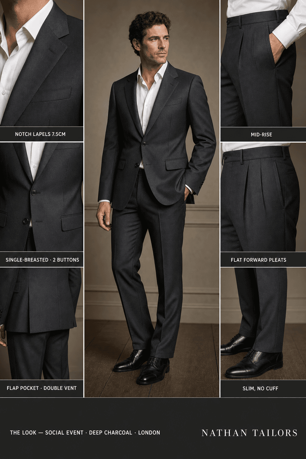 deep charcoal single-breasted notch-lapel online custom suit — designed online at RemoteSuit. Made-to-measure online custom suit available from $129.