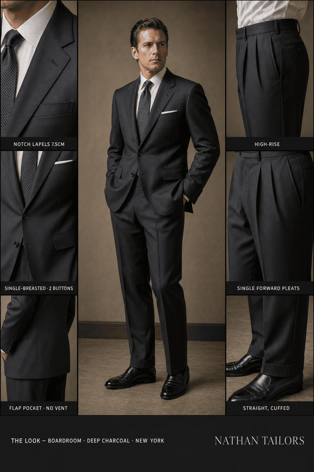 deep charcoal single-breasted notch-lapel online custom suit — designed online at RemoteSuit. Made-to-measure online custom suit available from $109.