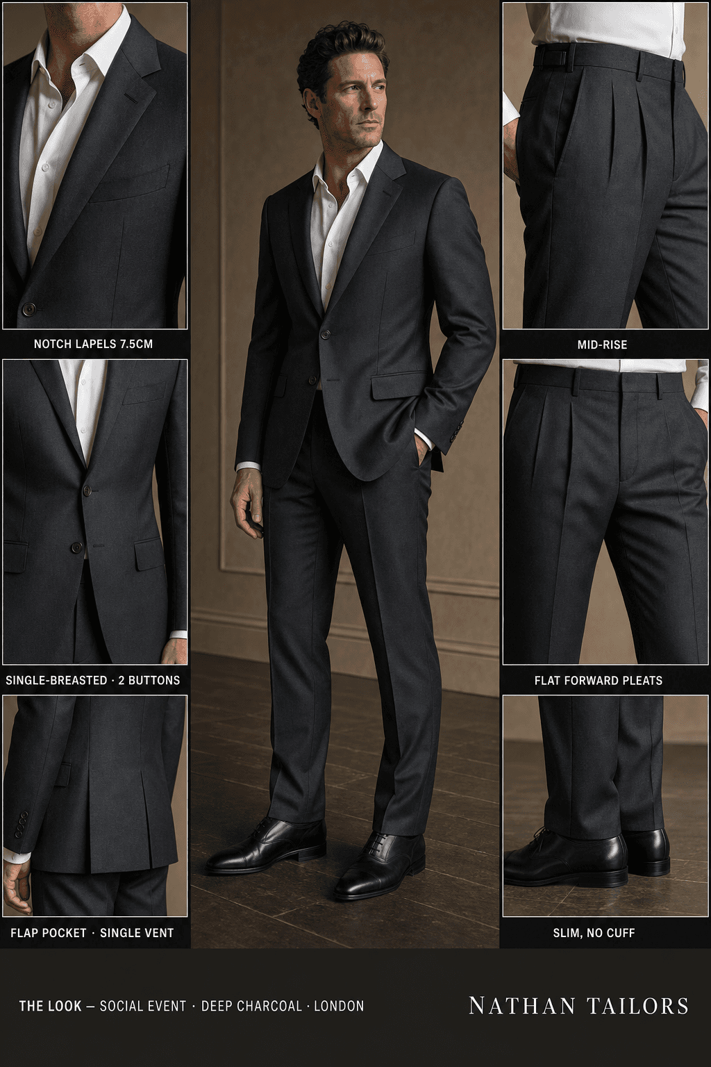 deep charcoal single-breasted notch-lapel online custom suit — designed online at RemoteSuit. Made-to-measure online custom suit available from $149.