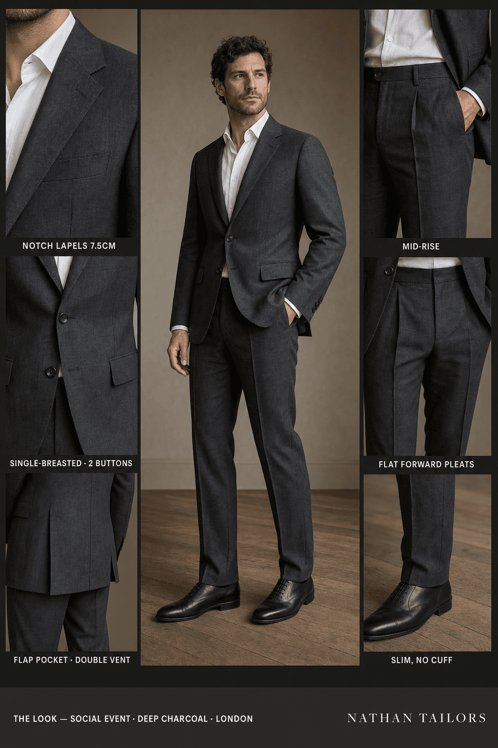 deep charcoal single-breasted notch-lapel online custom suit — designed online at RemoteSuit. Made-to-measure online custom suit available from $129.