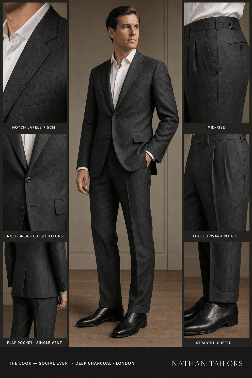 deep charcoal single-breasted notch-lapel online custom suit — designed online at RemoteSuit. Made-to-measure online custom suit available from $149.