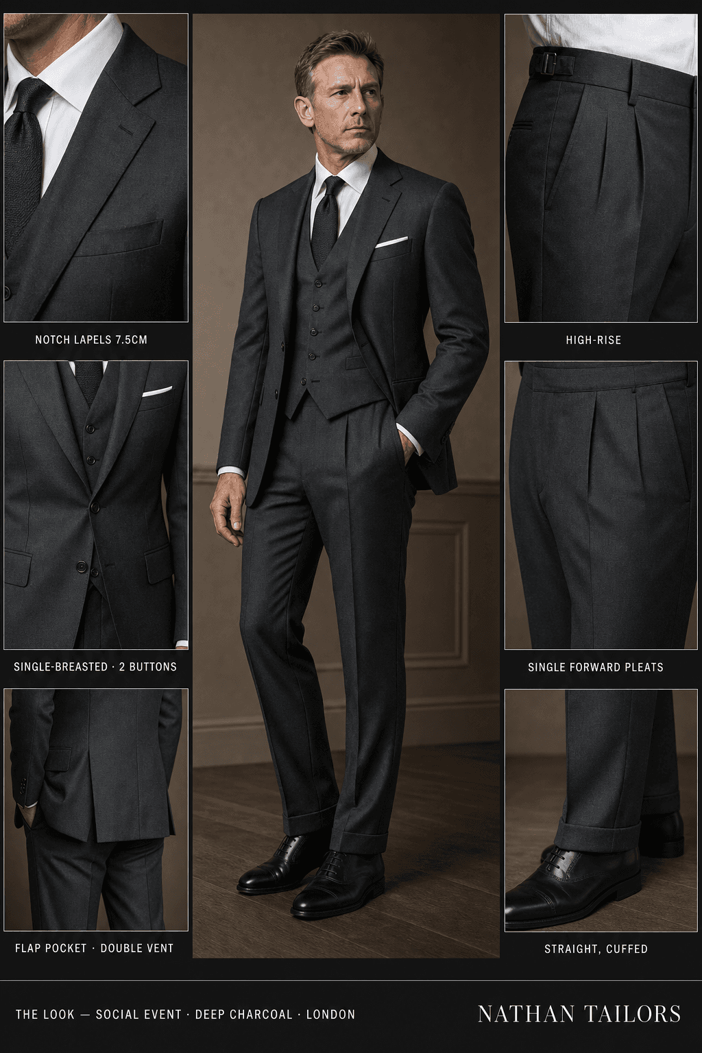 deep charcoal single-breasted notch-lapel online custom suit — designed online at RemoteSuit. Made-to-measure online custom suit available from $129.