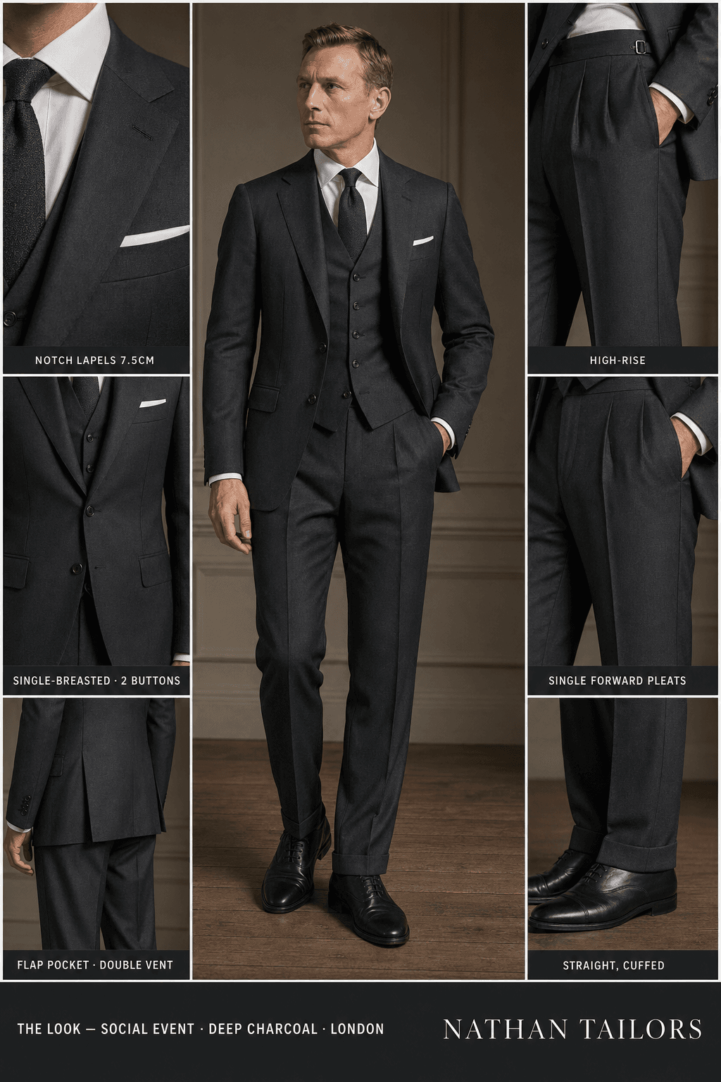 deep charcoal single-breasted notch-lapel online custom suit — designed online at RemoteSuit. Made-to-measure online custom suit available from $109.