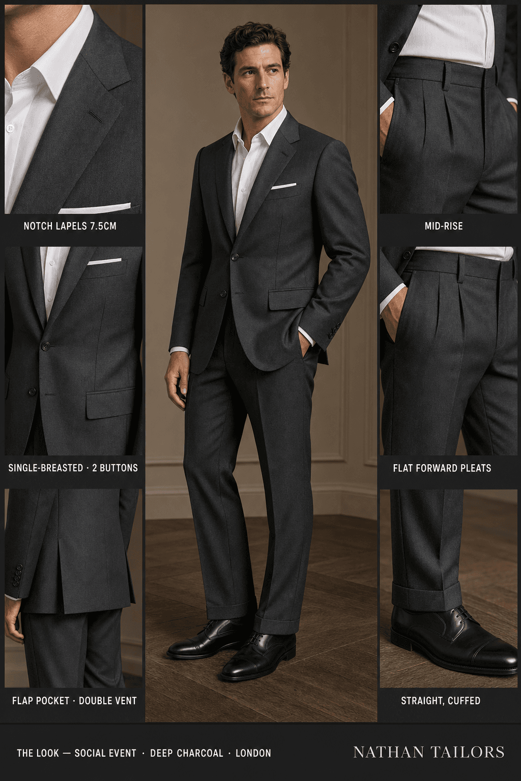 deep charcoal single-breasted notch-lapel online custom suit — designed online at RemoteSuit. Made-to-measure online custom suit available from $149.