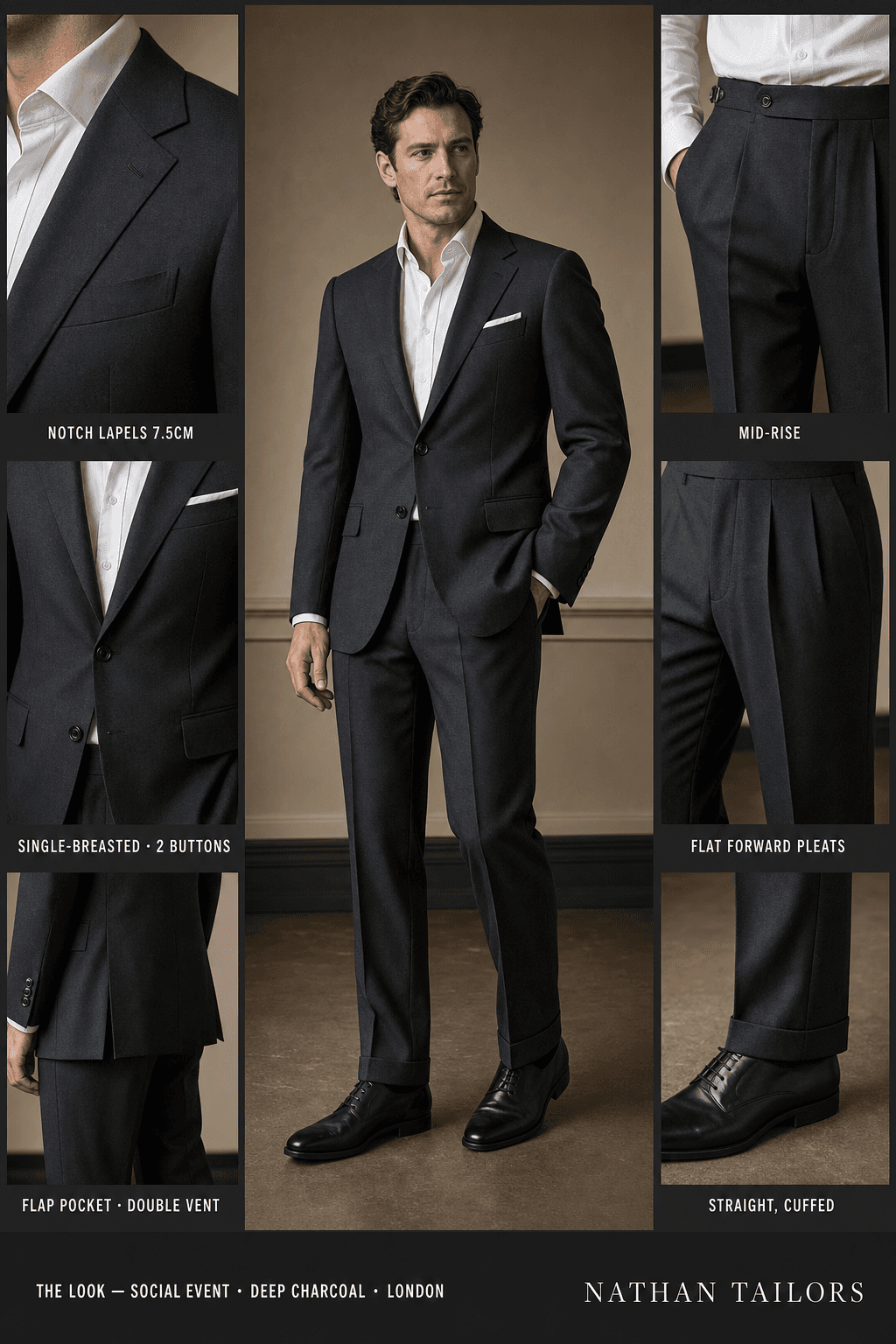deep charcoal single-breasted notch-lapel online custom suit — designed online at RemoteSuit. Made-to-measure online custom suit available from $129.