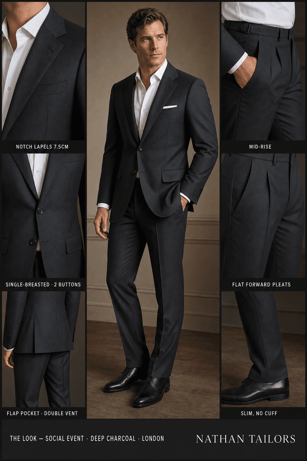 deep charcoal single-breasted notch-lapel online custom suit — designed online at RemoteSuit. Made-to-measure online custom suit available from $109.