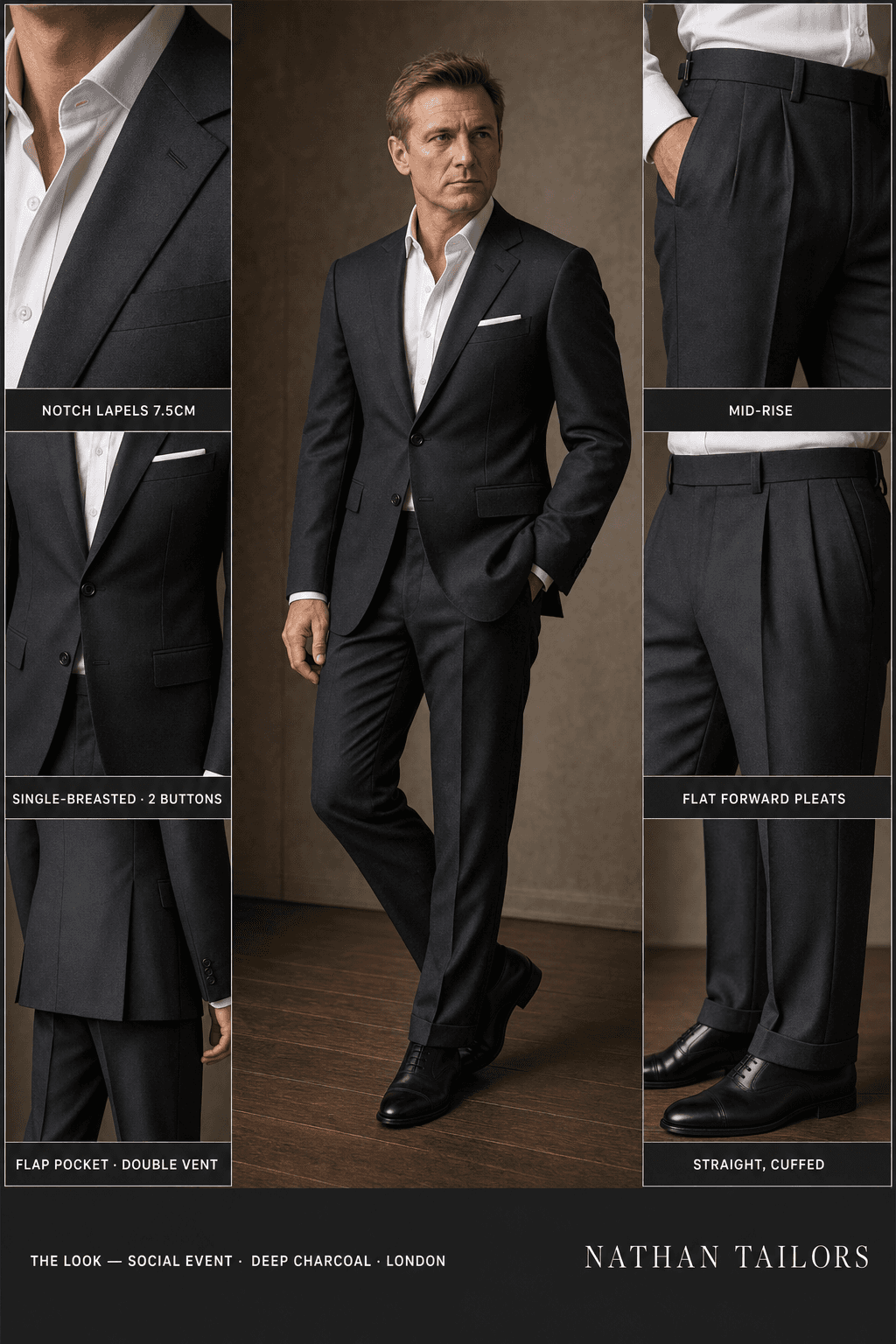 deep charcoal single-breasted notch-lapel online custom suit — designed online at RemoteSuit. Made-to-measure online custom suit available from $129.