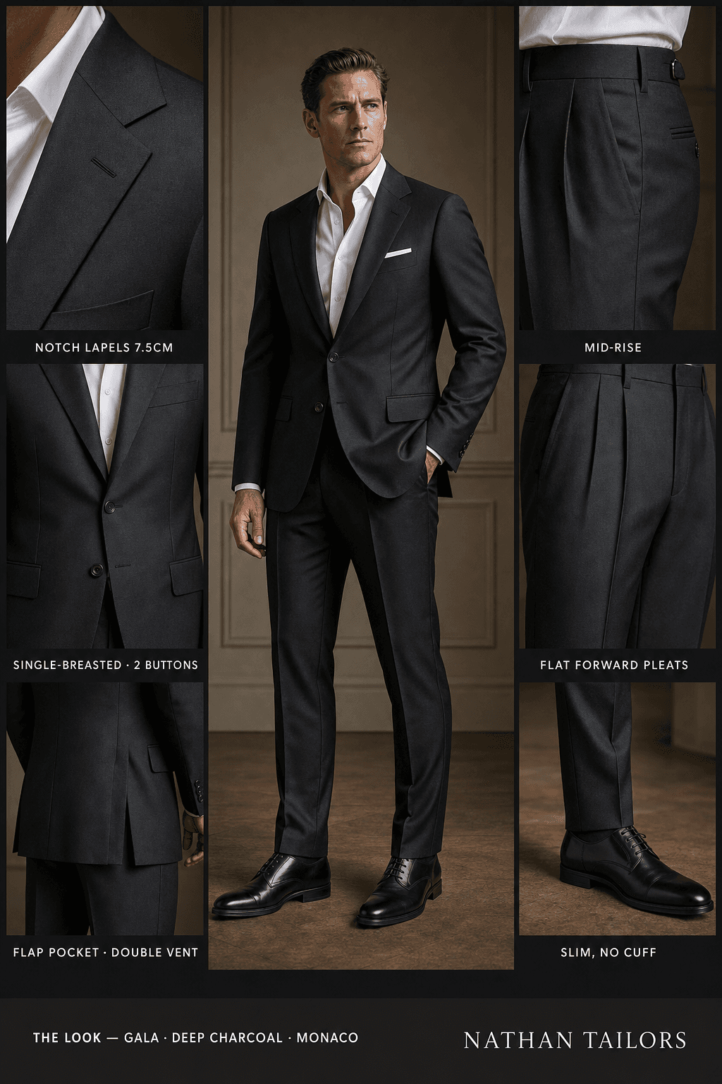 deep charcoal single-breasted notch-lapel online custom suit — designed online at RemoteSuit. Made-to-measure online custom suit available from $149.