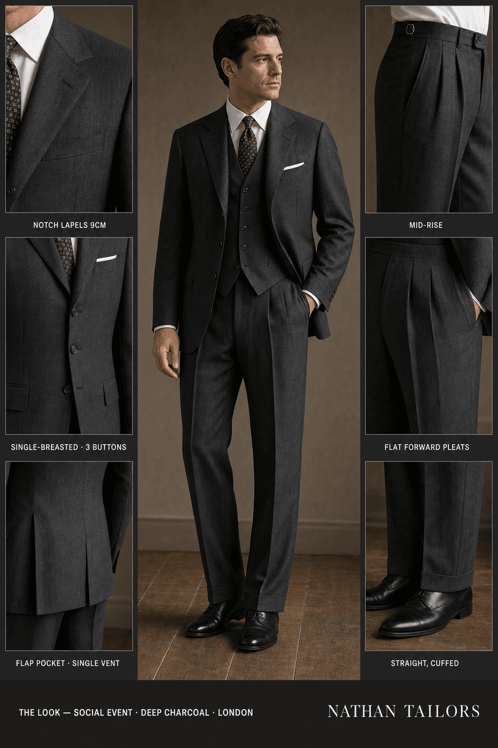 deep charcoal single-breasted notch-lapel online custom suit — designed online at RemoteSuit. Made-to-measure online custom suit available from $129.