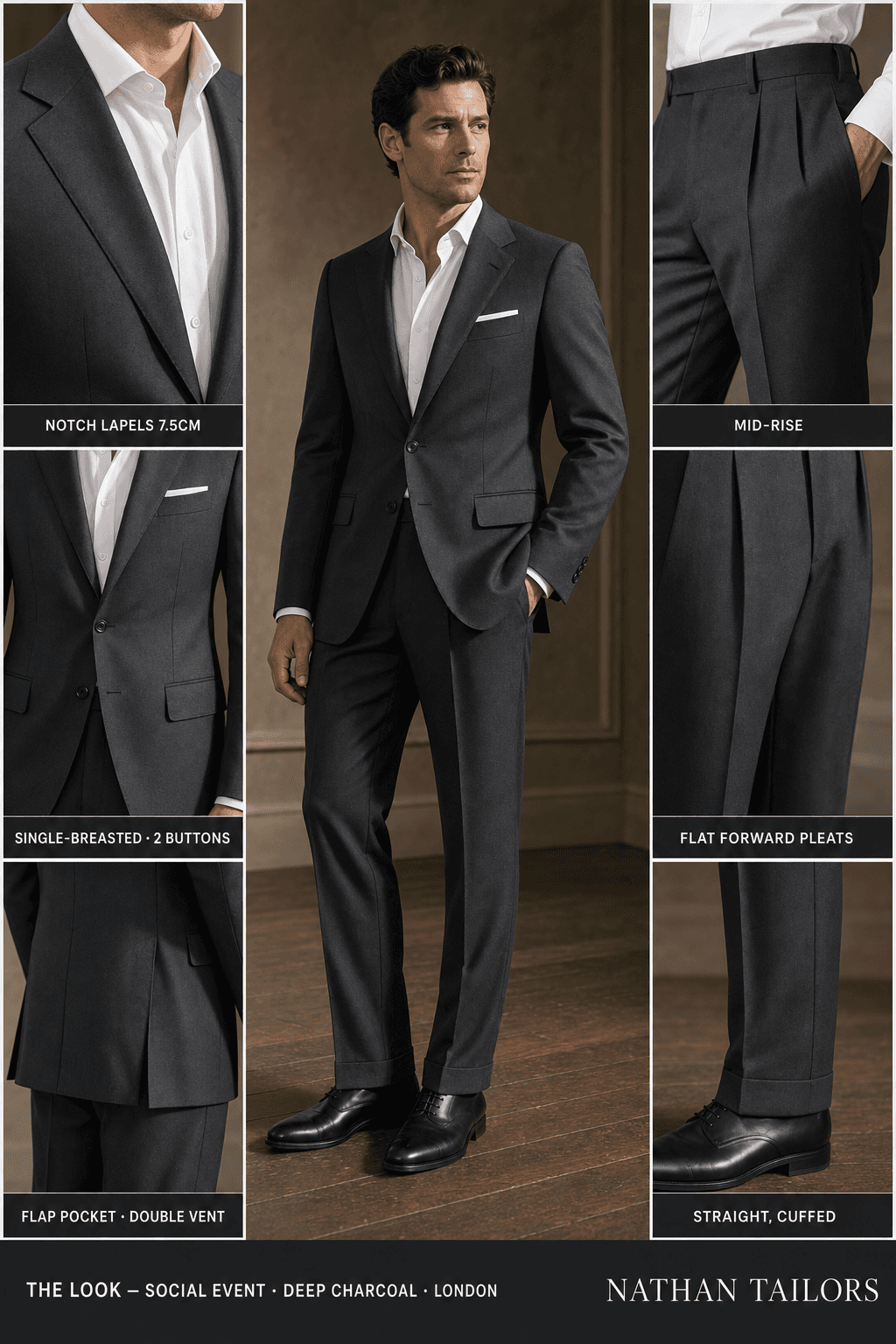 deep charcoal single-breasted notch-lapel online custom suit — designed online at RemoteSuit. Made-to-measure online custom suit available from $129.