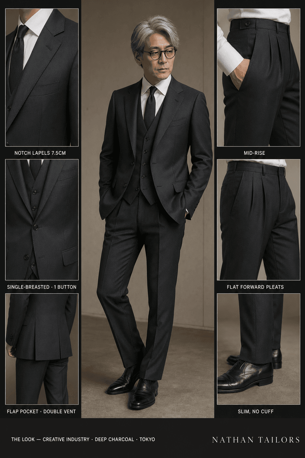 deep charcoal single-breasted notch-lapel online custom suit — designed online at RemoteSuit. Made-to-measure online custom suit available from $109.