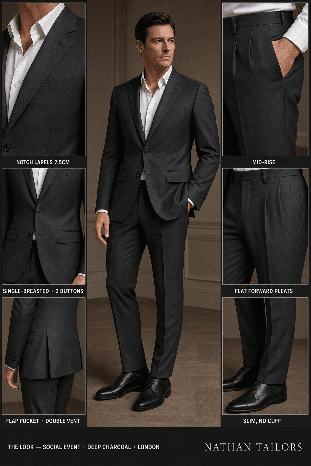 deep charcoal single-breasted notch-lapel online custom suit — designed online at RemoteSuit. Made-to-measure online custom suit available from $129.