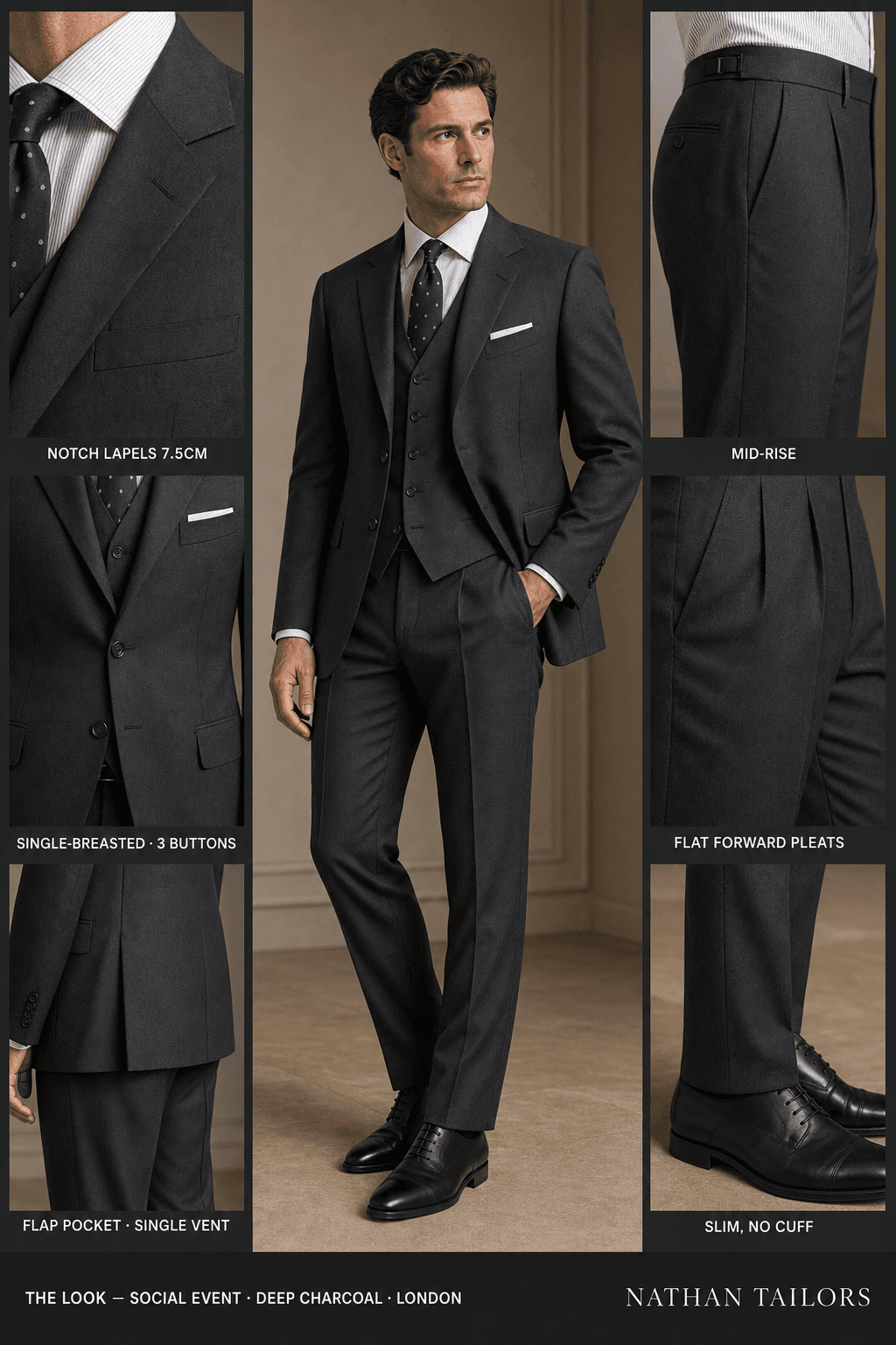 deep charcoal single-breasted notch-lapel online custom suit — designed online at RemoteSuit. Made-to-measure online custom suit available from $129.
