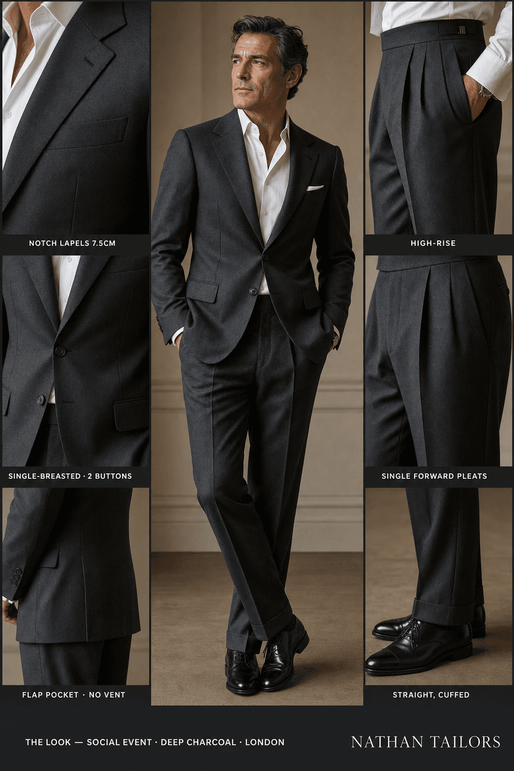 deep charcoal single-breasted notch-lapel online custom suit — designed online at RemoteSuit. Made-to-measure online custom suit available from $129.