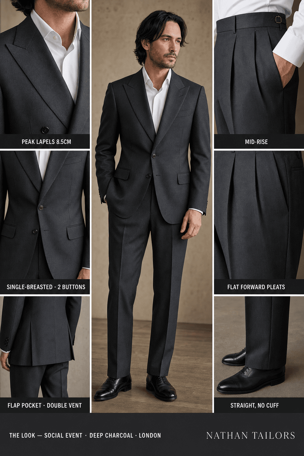 deep charcoal single-breasted peak-lapel online custom suit — designed online at RemoteSuit. Made-to-measure online custom suit available from $129.