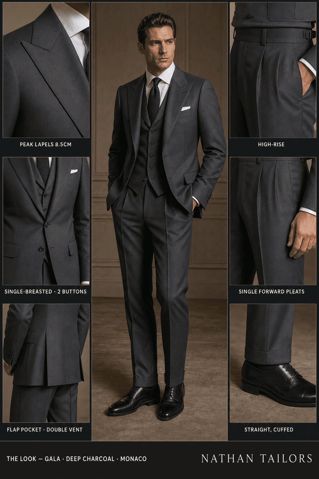 deep charcoal single-breasted peak-lapel online custom suit — designed online at RemoteSuit. Made-to-measure online custom suit available from $149.