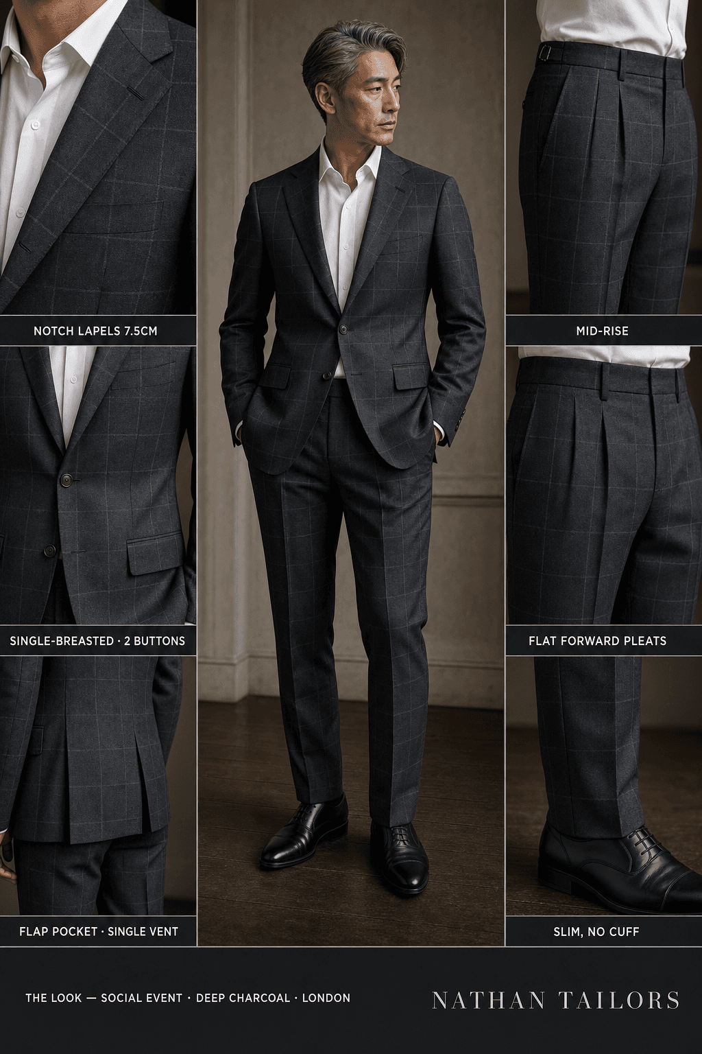 deep charcoal windowpane single-breasted notch-lapel online custom suit — designed online at RemoteSuit. Made-to-measure online custom suit available from $129.