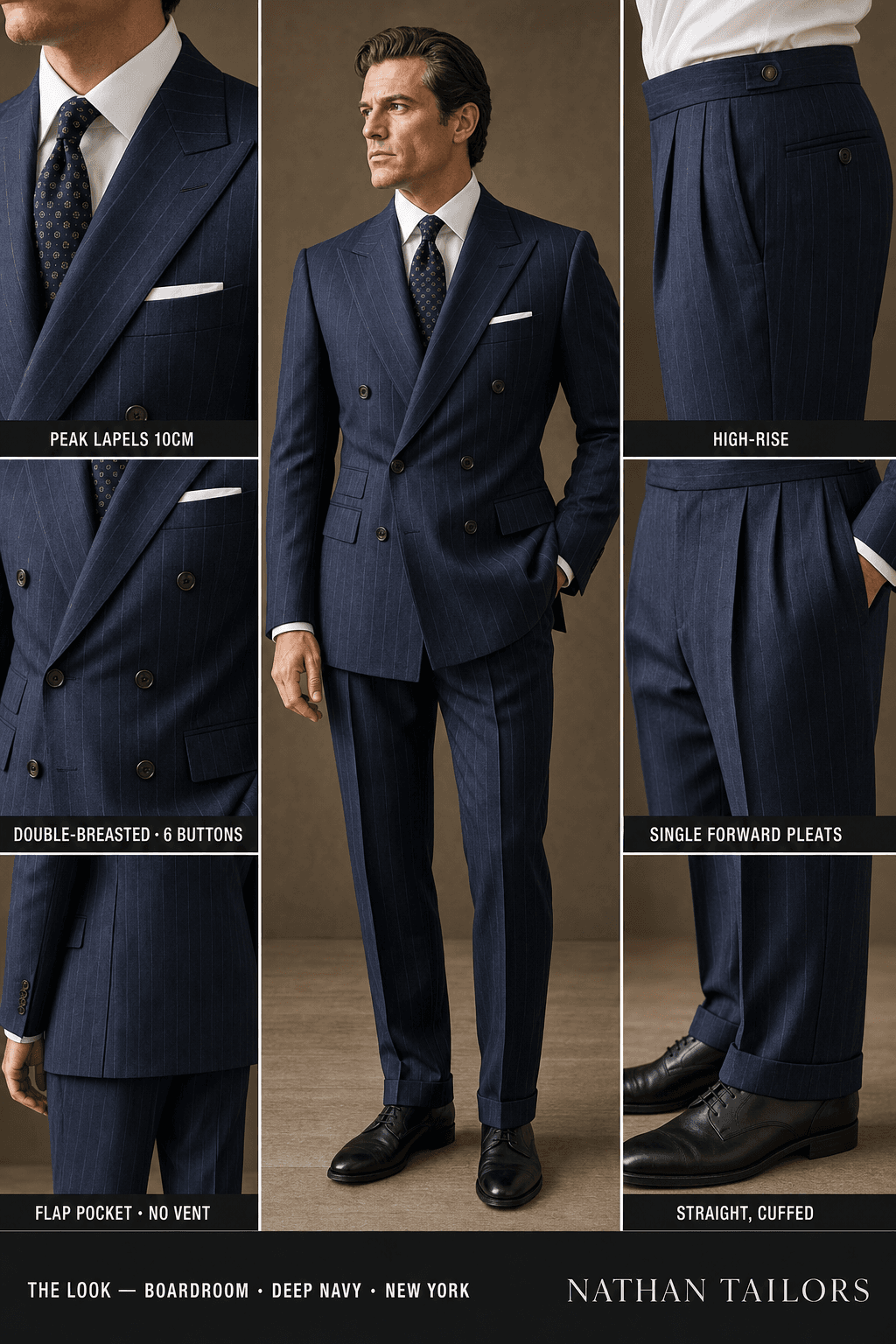 deep navy chalk stripe double-breasted peak-lapel online custom suit — designed online at RemoteSuit. Made-to-measure online custom suit available from $129.