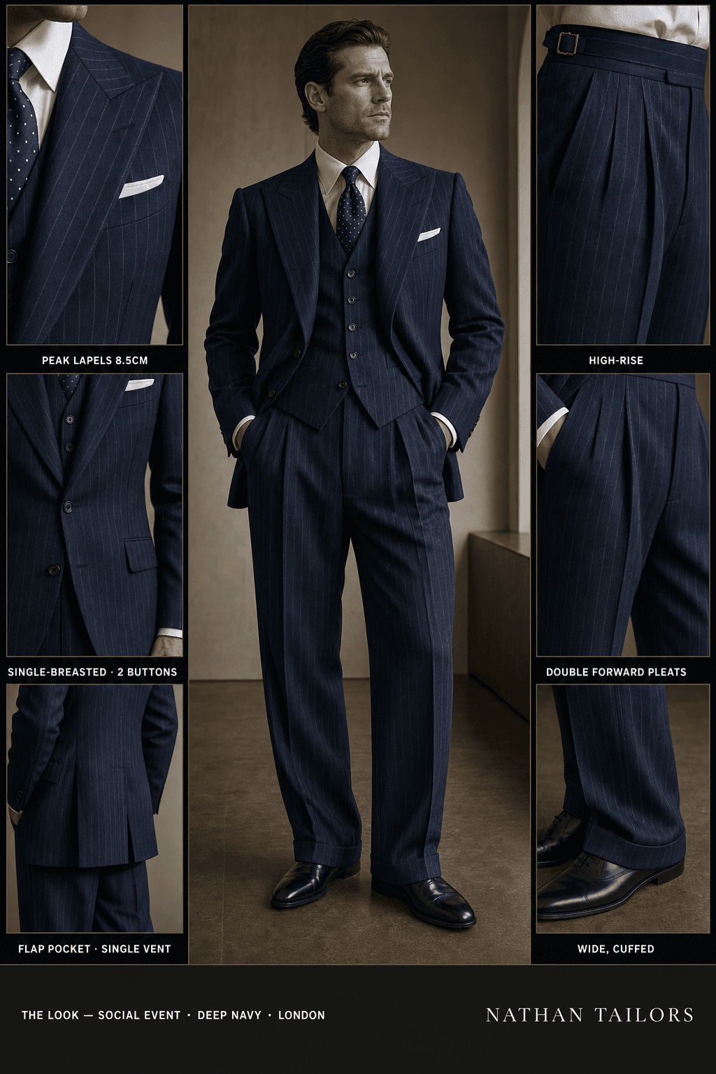 deep navy chalk stripe single-breasted peak-lapel online custom suit — designed online at RemoteSuit. Made-to-measure online custom suit available from $149.