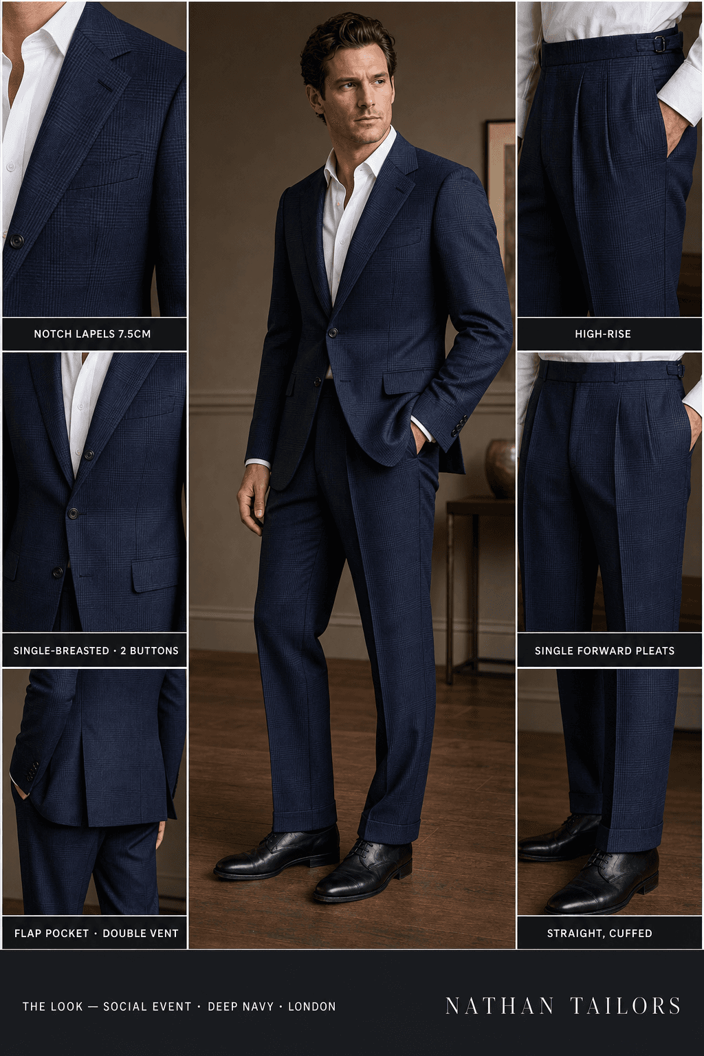 deep navy glen plaid single-breasted notch-lapel online custom suit — designed online at RemoteSuit. Made-to-measure online custom suit available from $129.