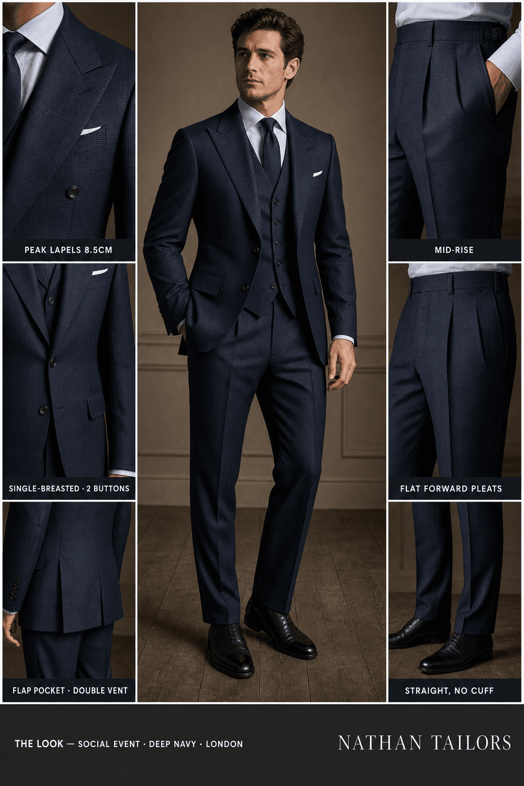 deep navy glen plaid single-breasted peak-lapel online custom suit — designed online at RemoteSuit. Made-to-measure online custom suit available from $129.
