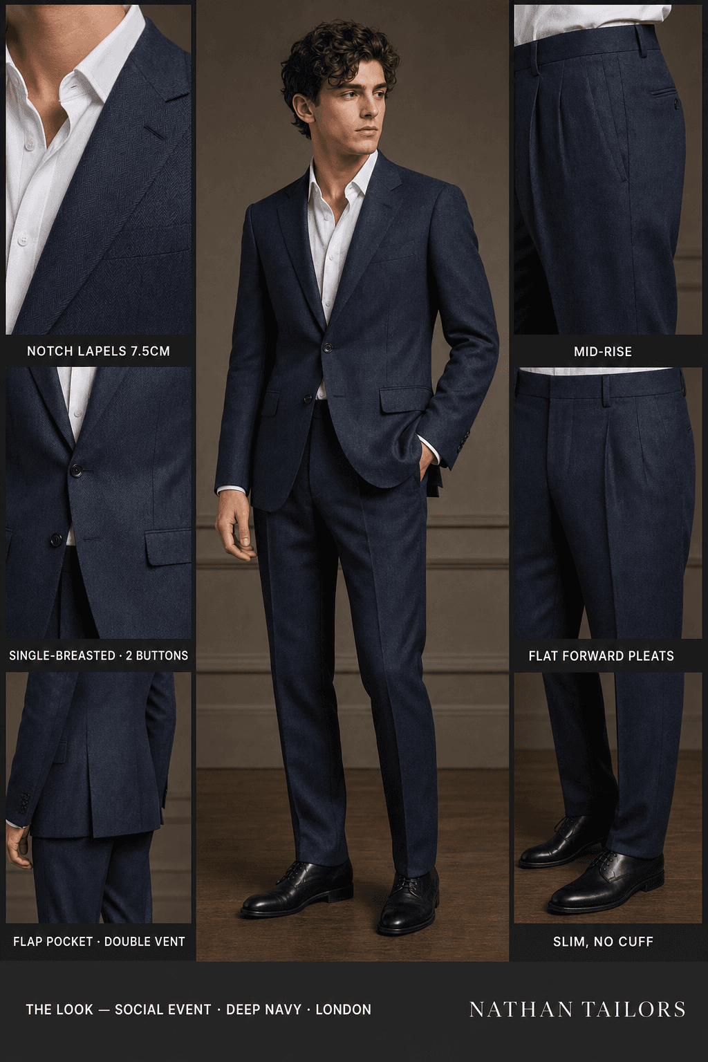 deep navy herringbone single-breasted notch-lapel online custom suit — designed online at RemoteSuit. Made-to-measure online custom suit available from $149.