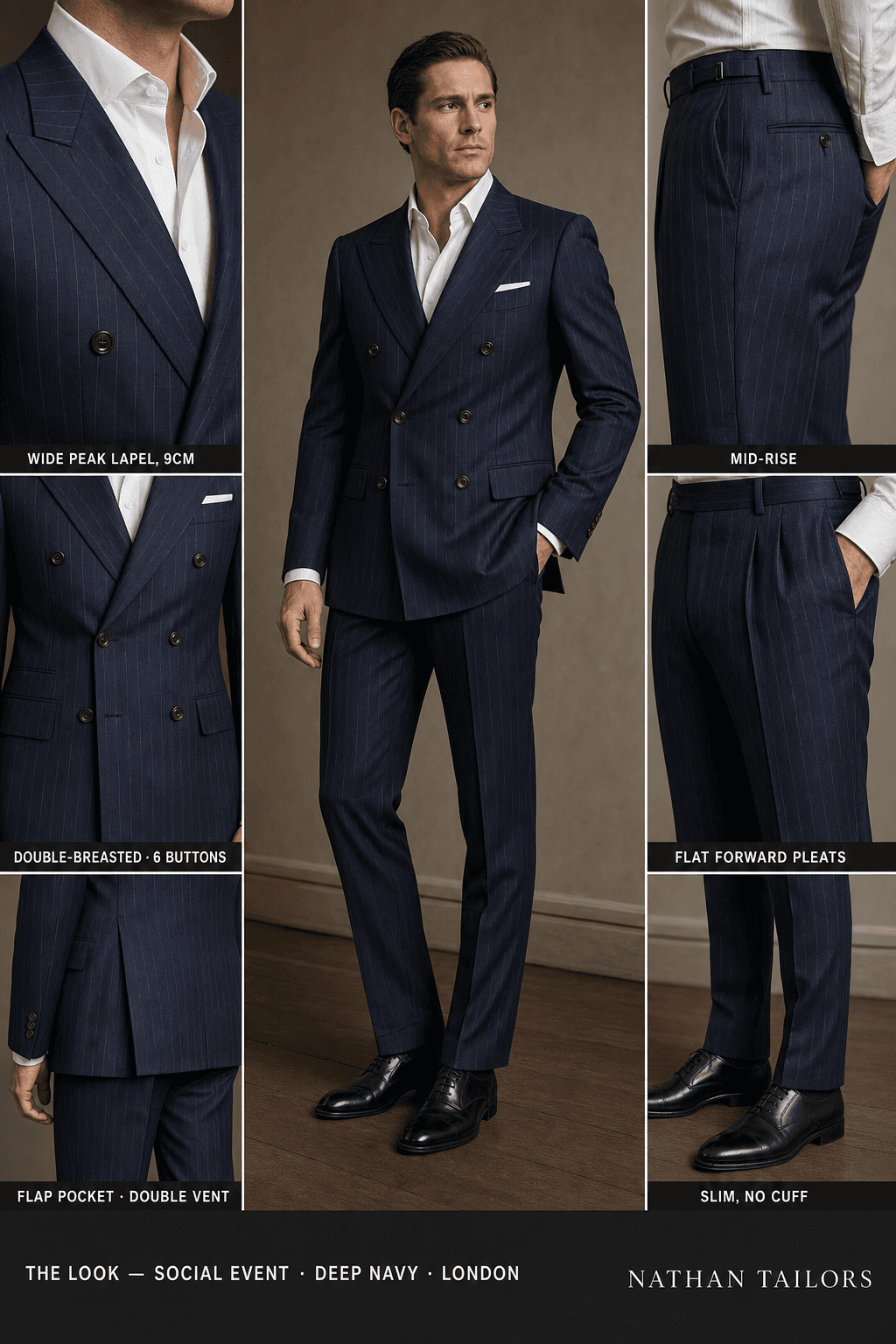 deep navy pinstripe double-breasted notch-lapel online custom suit — designed online at RemoteSuit. Made-to-measure online custom suit available from $129.