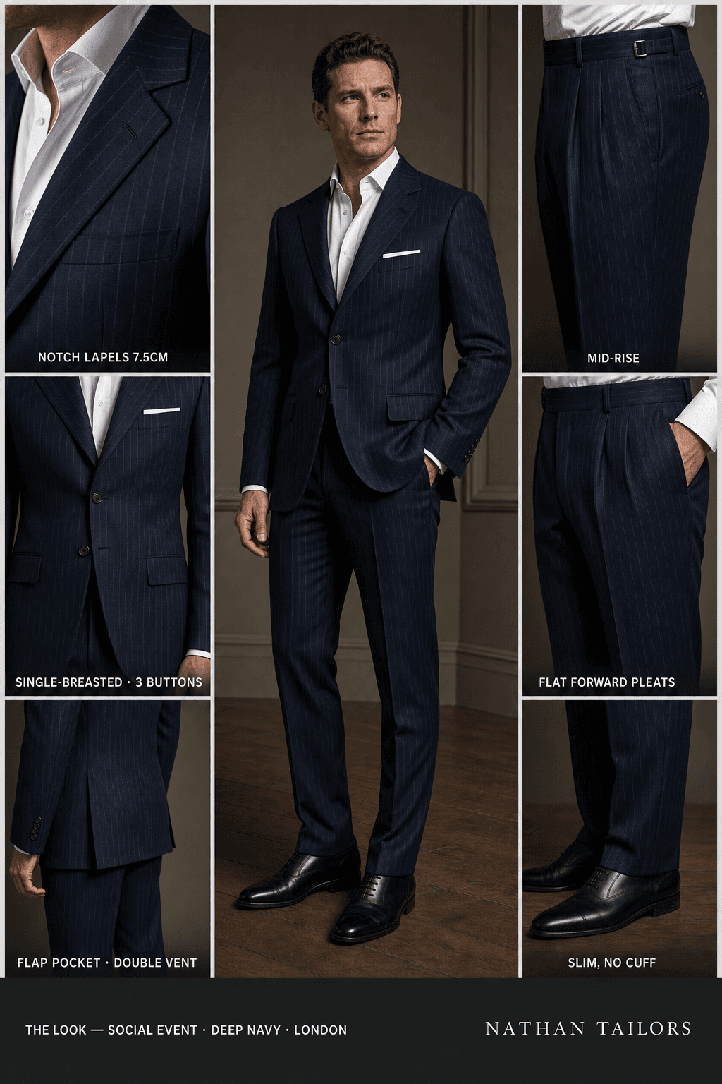 deep navy pinstripe single-breasted notch-lapel online custom suit — designed online at RemoteSuit. Made-to-measure online custom suit available from $129.