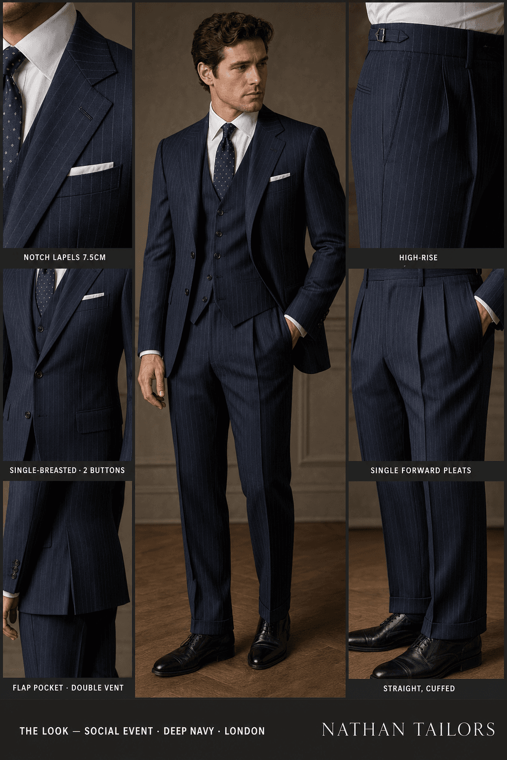 deep navy pinstripe single-breasted notch-lapel online custom suit — designed online at RemoteSuit. Made-to-measure online custom suit available from $129.