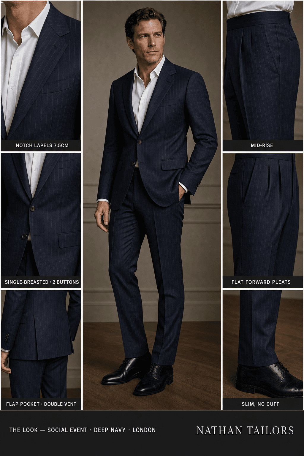 deep navy pinstripe single-breasted notch-lapel online custom suit — designed online at RemoteSuit. Made-to-measure online custom suit available from $129.