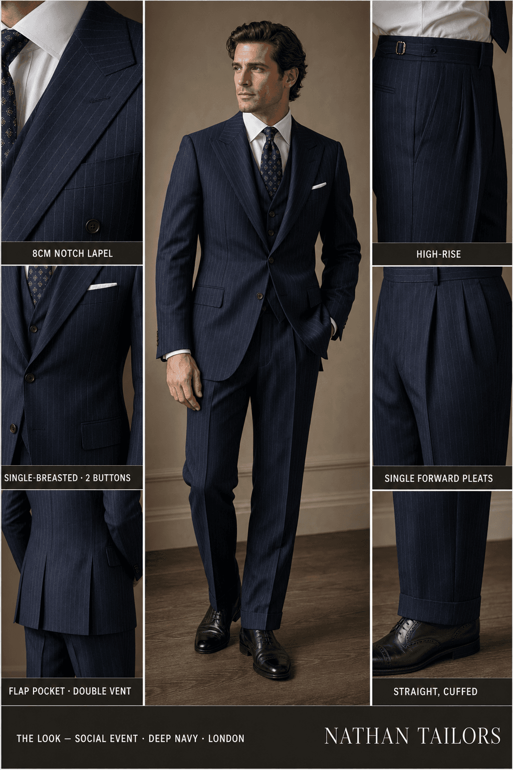 deep navy pinstripe single-breasted notch-lapel online custom suit — designed online at RemoteSuit. Made-to-measure online custom suit available from $129.