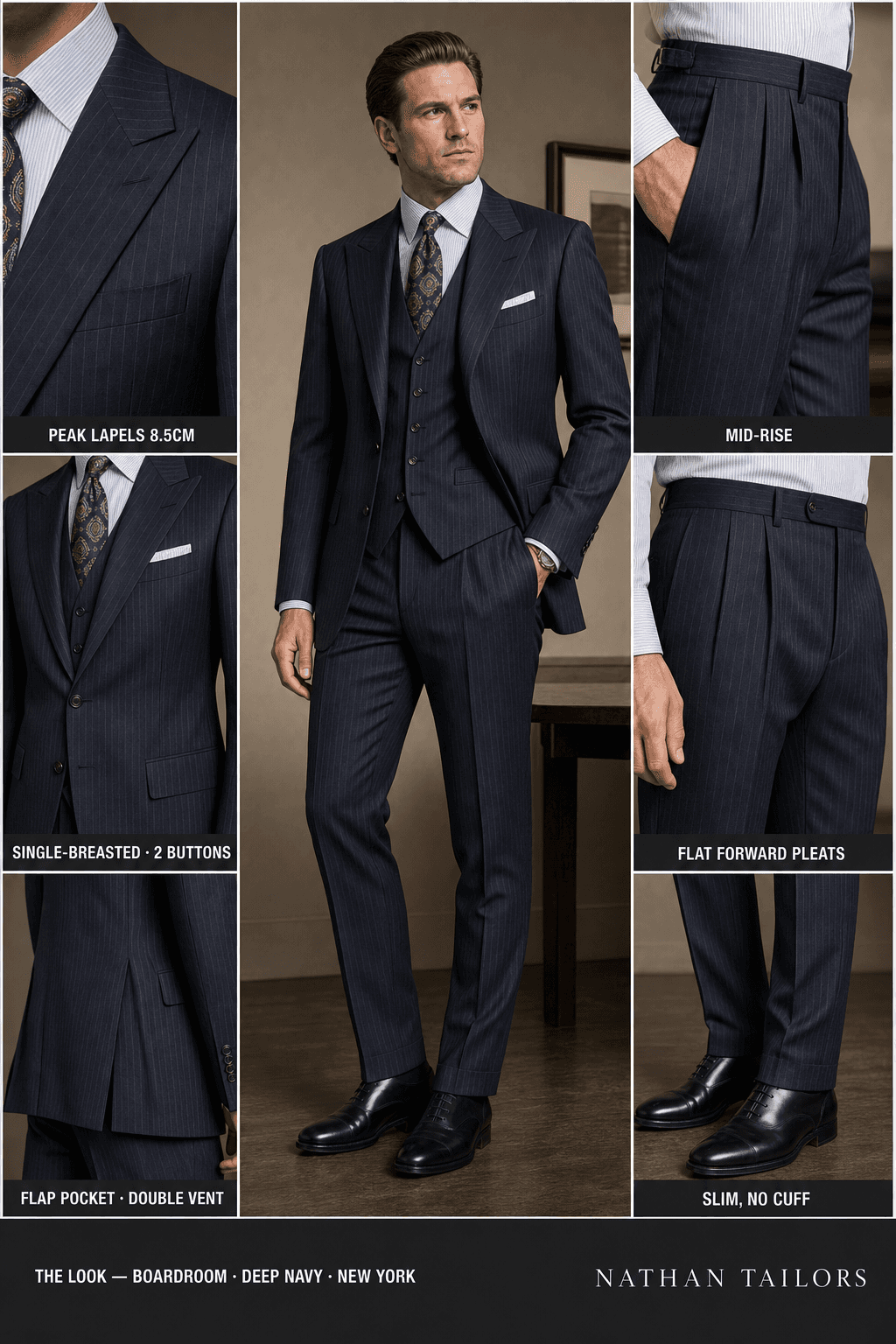 deep navy pinstripe single-breasted online custom suit — designed at RemoteSuit, made to measure online