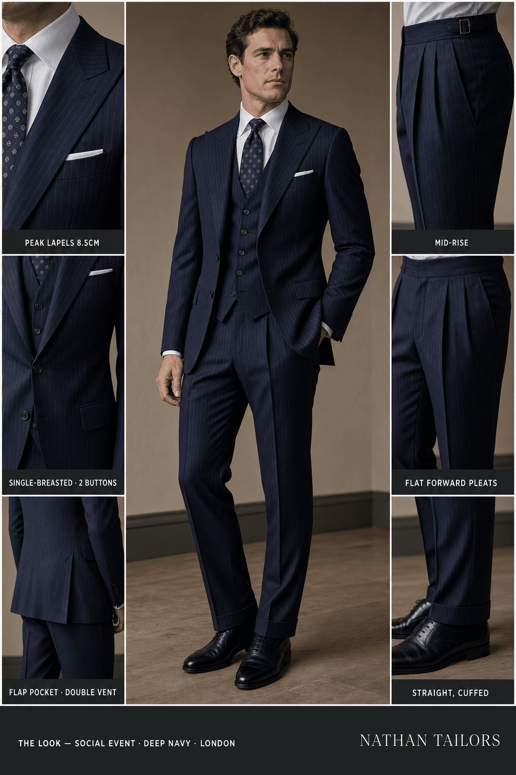 deep navy pinstripe single-breasted peak-lapel online custom suit — designed online at RemoteSuit. Made-to-measure online custom suit available from $129.