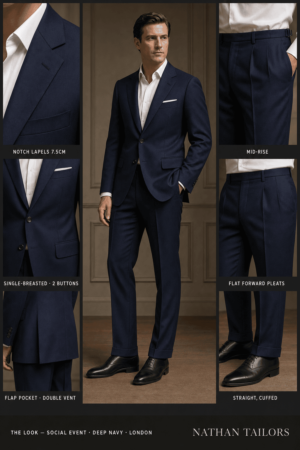 deep navy single-breasted notch-lapel online custom suit — designed online at RemoteSuit. Made-to-measure online custom suit available from $129.