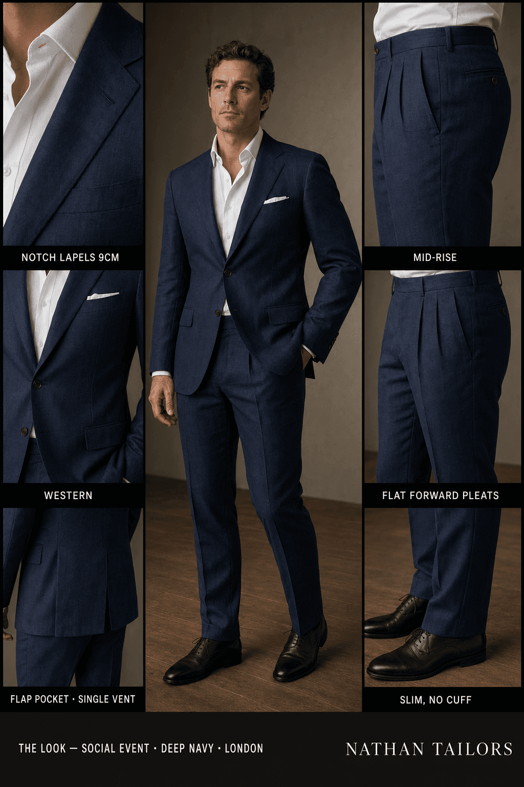 deep navy single-breasted notch-lapel online custom suit — designed online at RemoteSuit. Made-to-measure online custom suit available from $109.