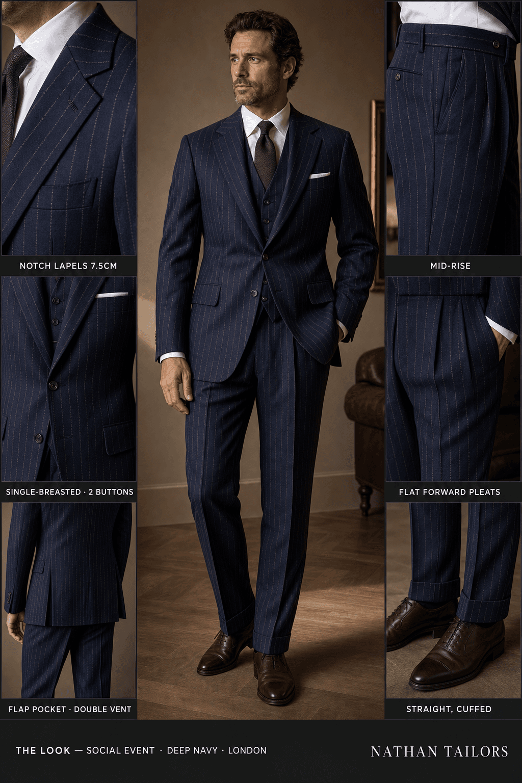 deep navy single-breasted notch-lapel online custom suit — designed online at RemoteSuit. Made-to-measure online custom suit available from $129.