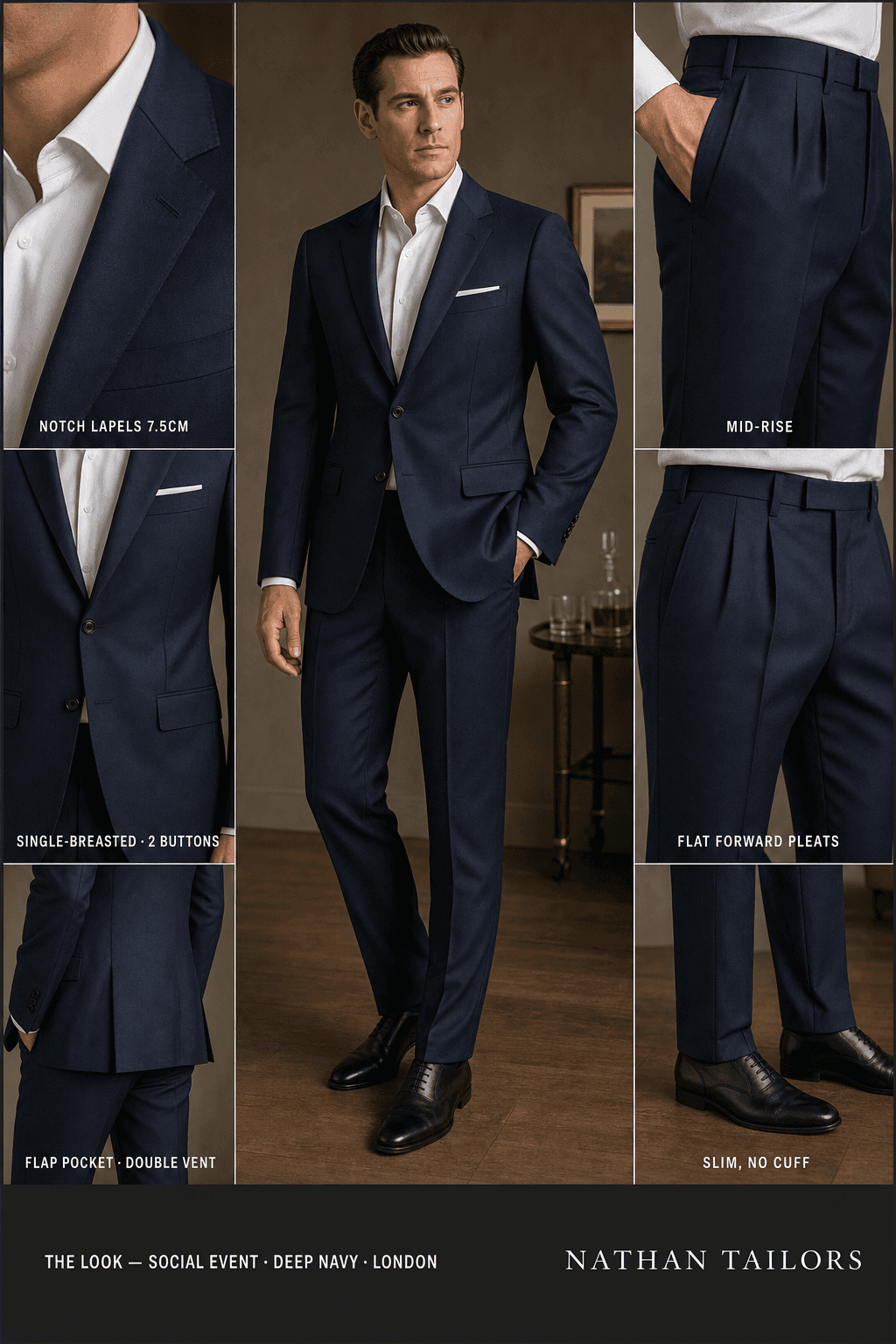 deep navy single-breasted notch-lapel online custom suit — designed online at RemoteSuit. Made-to-measure online custom suit available from $129.