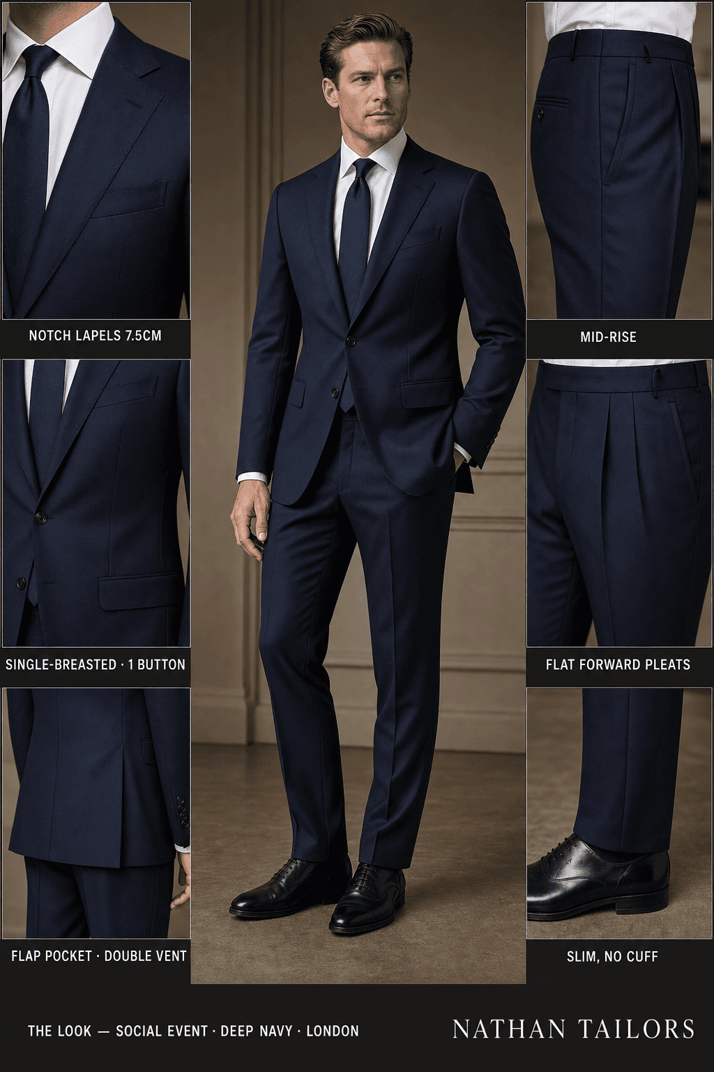 deep navy single-breasted notch-lapel online custom suit — designed online at RemoteSuit. Made-to-measure online custom suit available from $129.