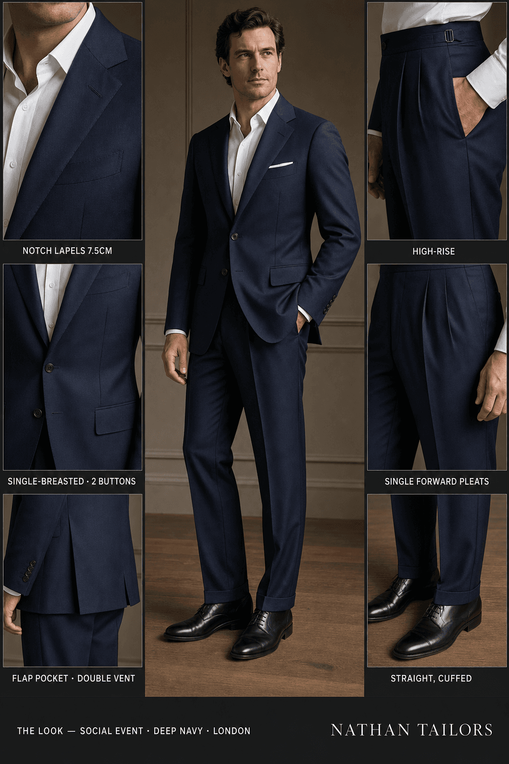deep navy single-breasted notch-lapel online custom suit — designed online at RemoteSuit. Made-to-measure online custom suit available from $129.