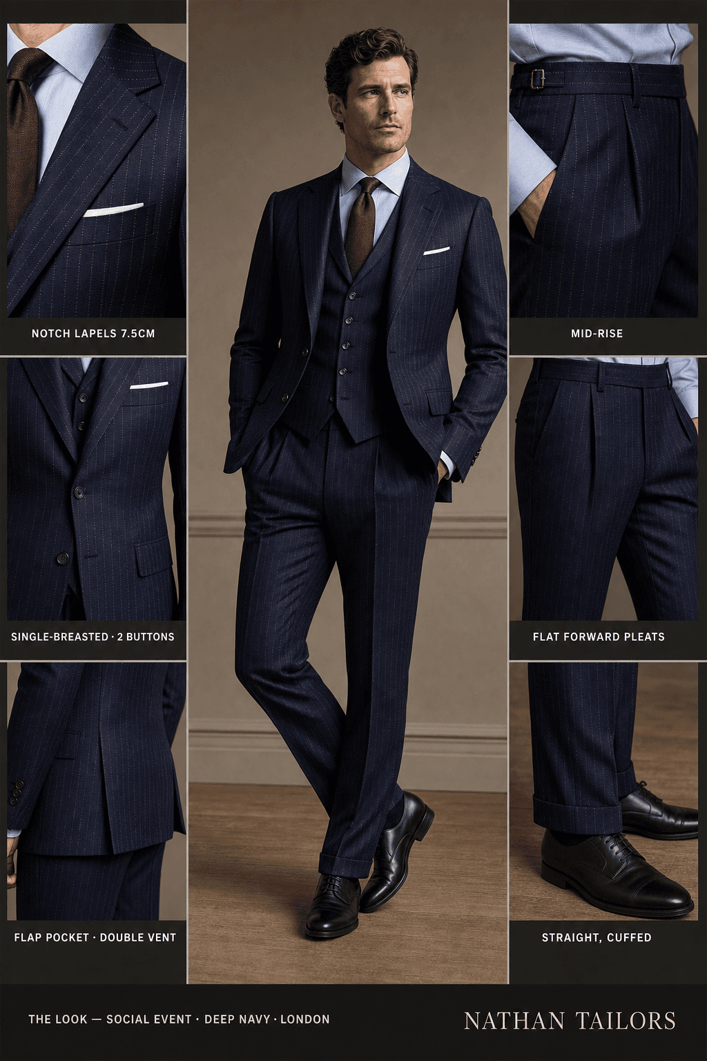 deep navy single-breasted notch-lapel online custom suit — designed online at RemoteSuit. Made-to-measure online custom suit available from $129.