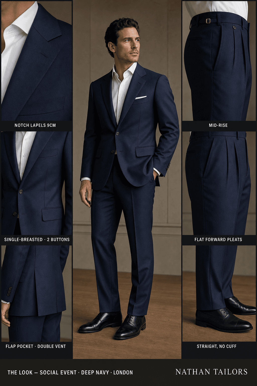 deep navy single-breasted notch-lapel online custom suit — designed online at RemoteSuit. Made-to-measure online custom suit available from $129.