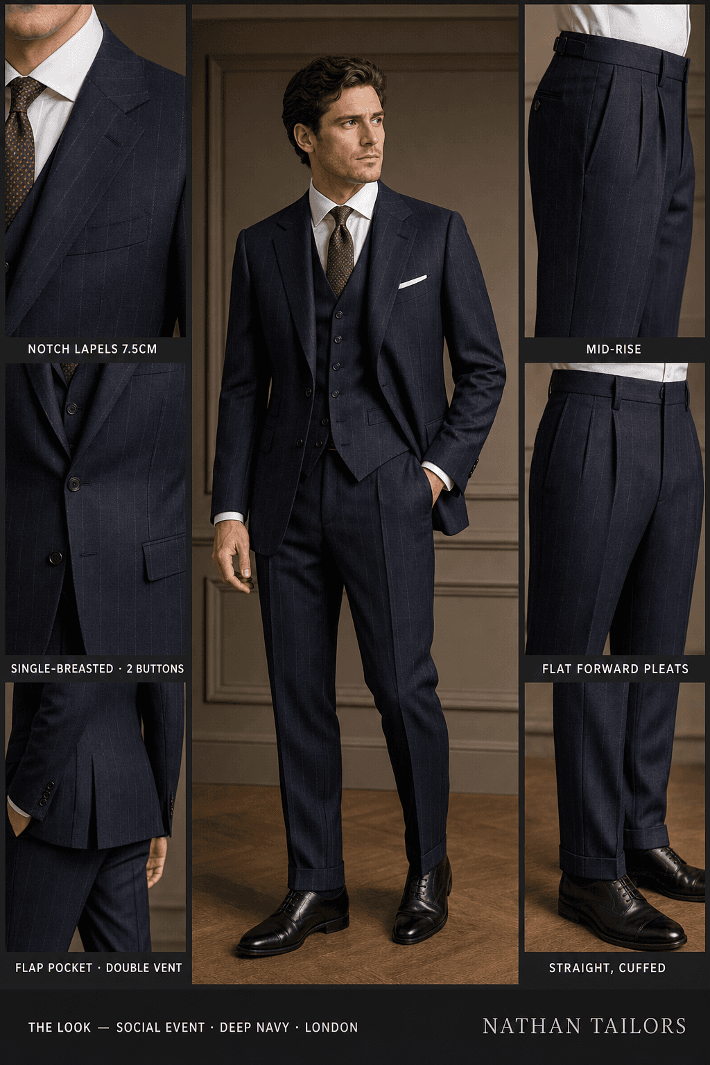 deep navy single-breasted notch-lapel online custom suit — designed online at RemoteSuit. Made-to-measure online custom suit available from $129.